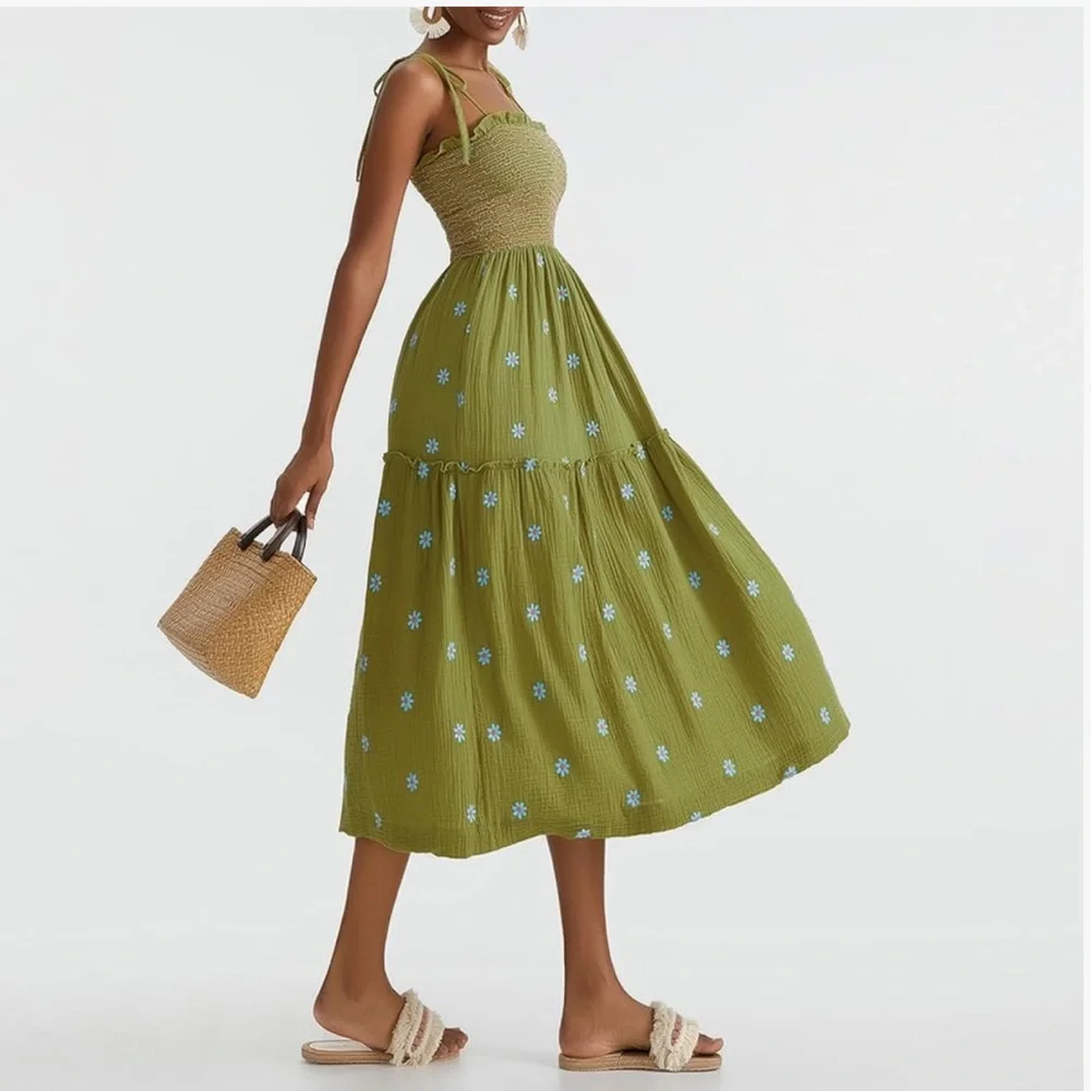 Smocked Tiered Midi Dress in Olive Green - Picture 7 of 10